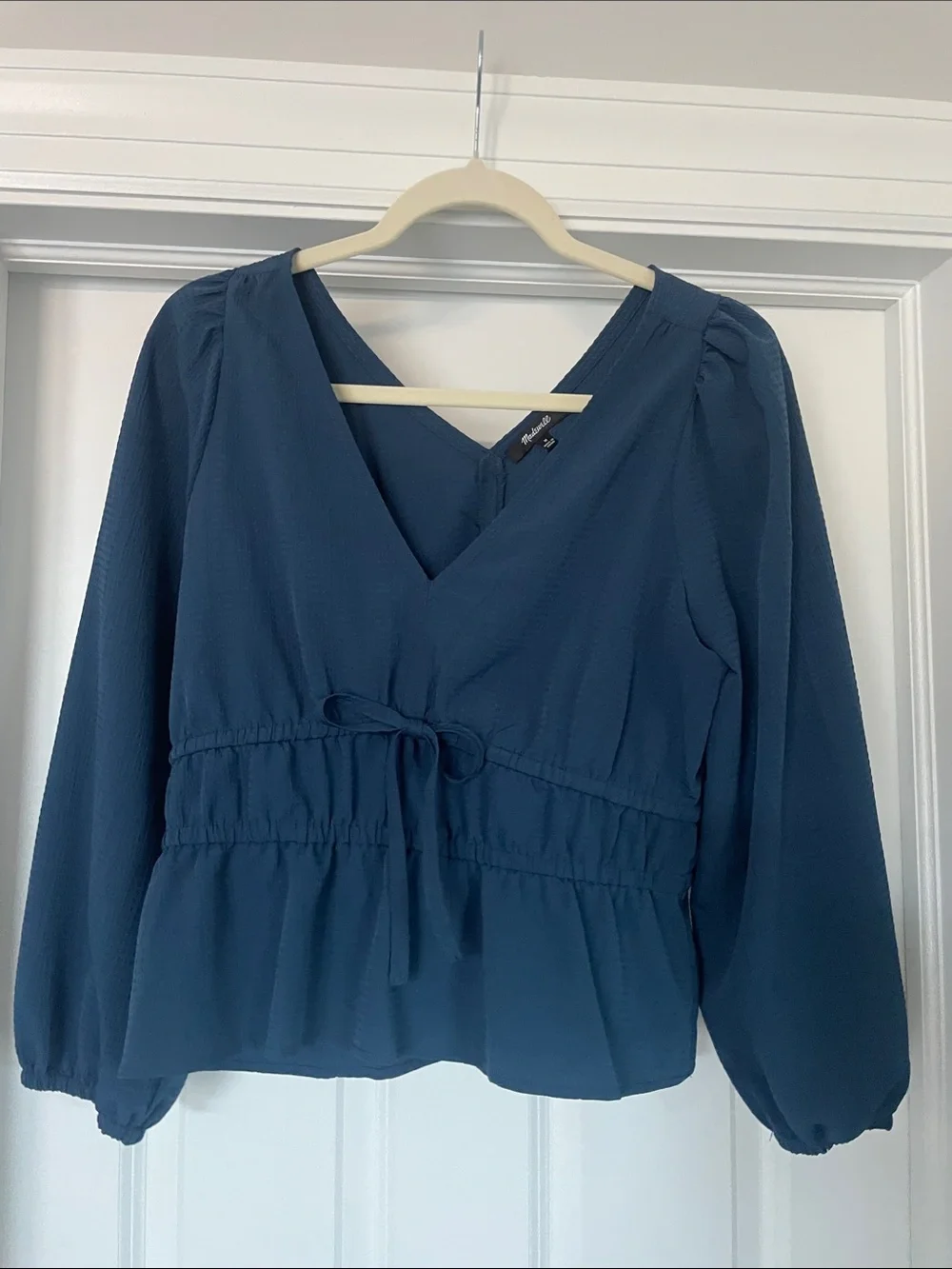 Madewell Teal V‑Neck Peplum Blouse with Tie Waist